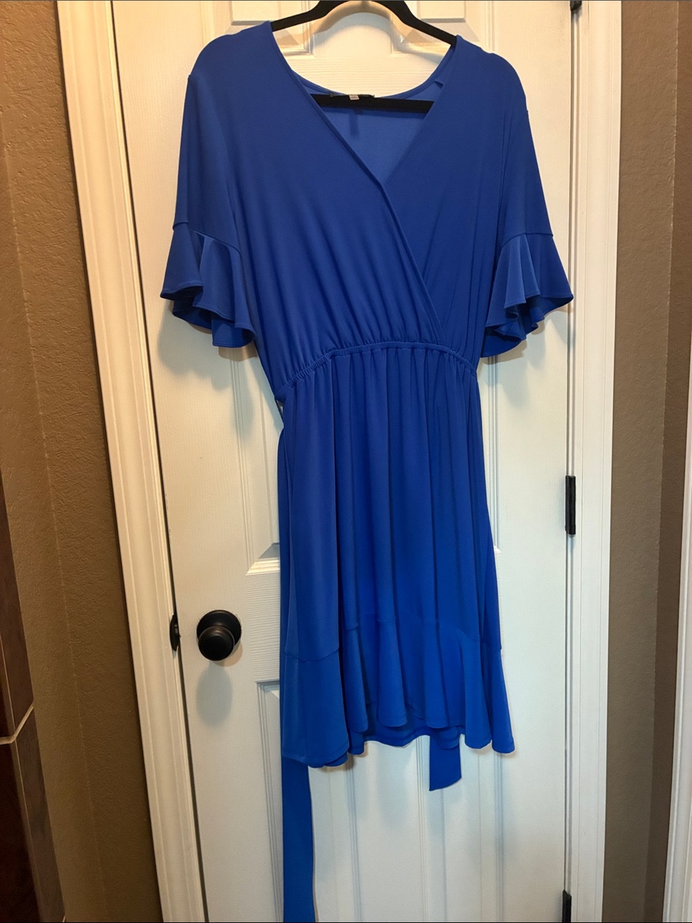 Nine West Cobalt Wrap-Style Midi Dress with Flutter Sleeves